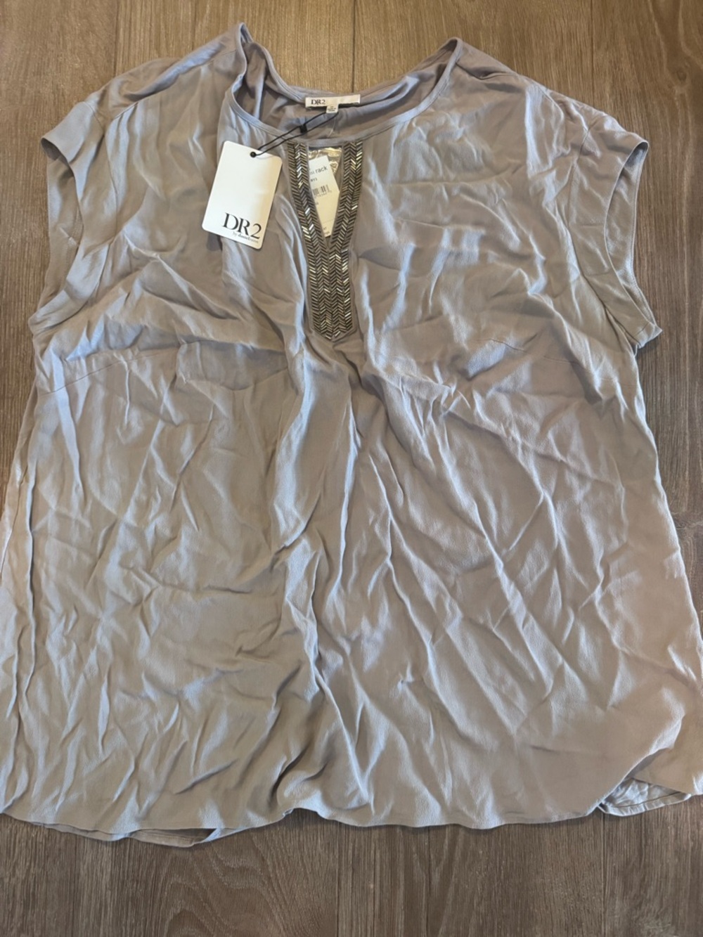 DR2 Gray Beaded V-Neck Cap Sleeve Blouse